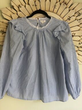 J.Crew Blue White Striped Lace Trim Ruffle Blouse Small